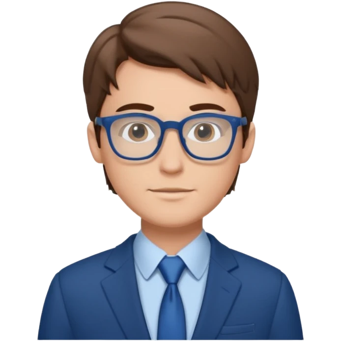 young white man with brown hair, wearing blue-framed glasses and a business suit, inspires trust and respect emoji