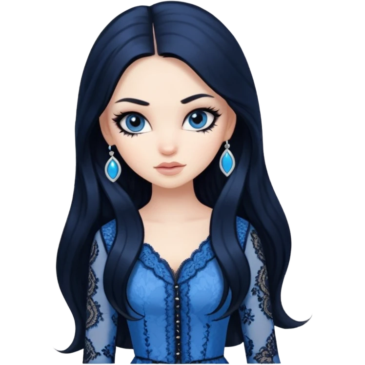 pretty, BLACK long hair, pale skin, eyeliner, blue lace clothes, bratz baddie emoji