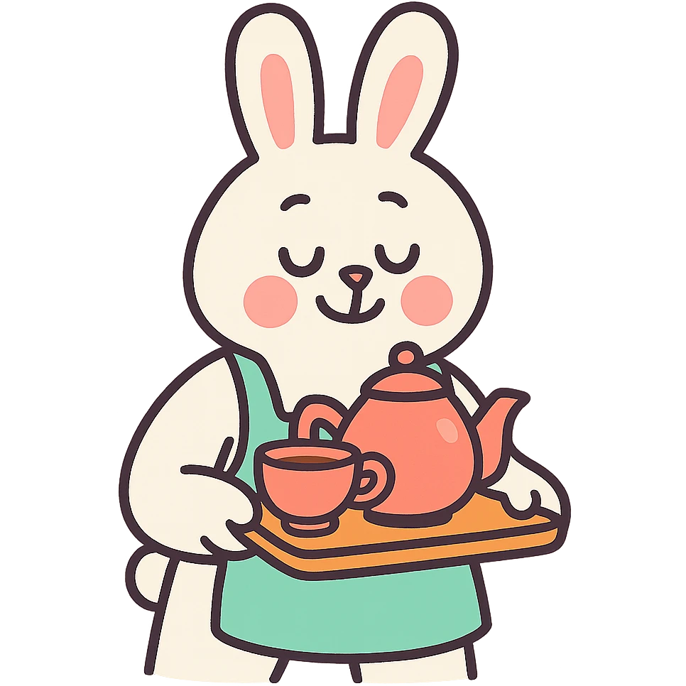 white bunny in apron holding tea tray, pastel-toon style emoji