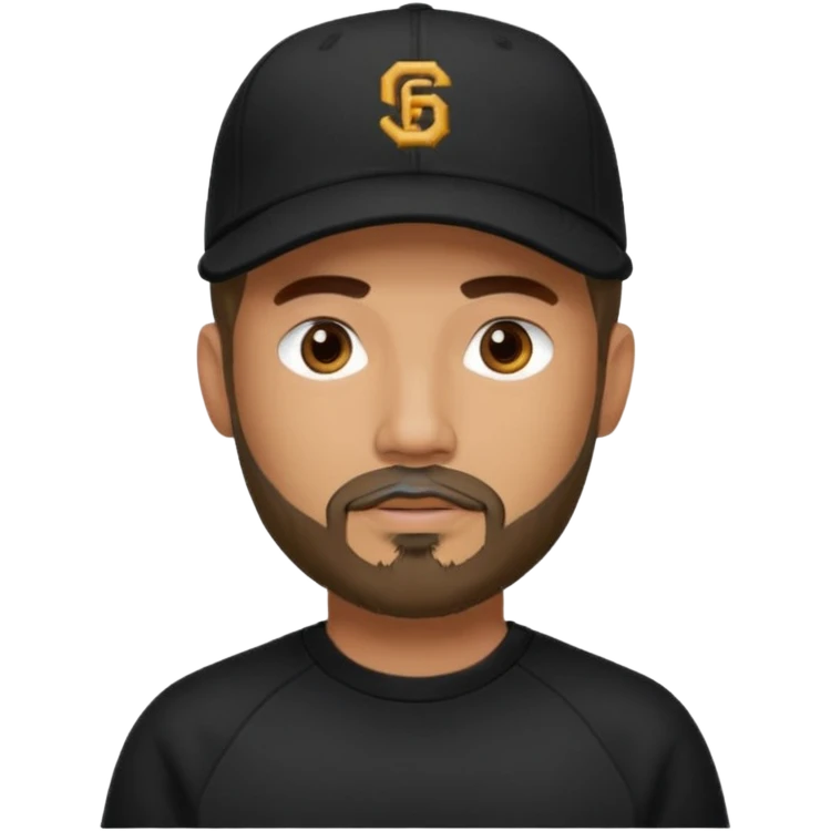 Hombre con la cara blureada, con barba fina y perilla, gorra negra de baseball bordada con un 08, y sudadera negra emoji