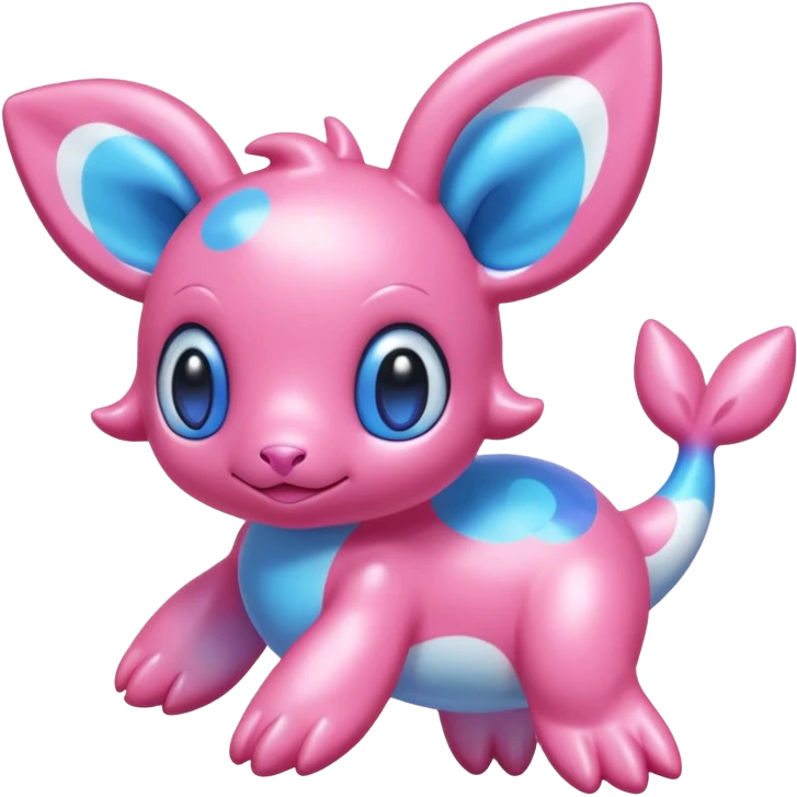 Iridescent Bubblegum-Pink Gloss-Coated Smooth Cute Aquatic Popplio-Sylveon hybrid creature (full body) emoji
