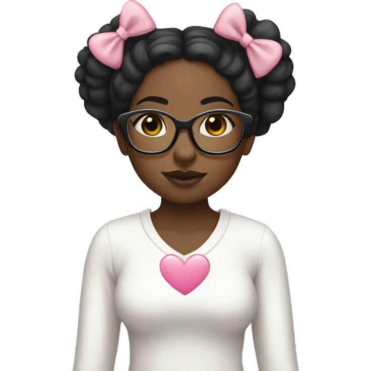 Black girl with long straight black hair and a white long sleeved top, clear glasses, pink bow in hair, white heart necklace emoji