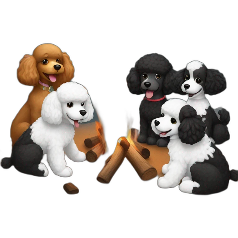 Black and white poodles gathered around campfires emoji