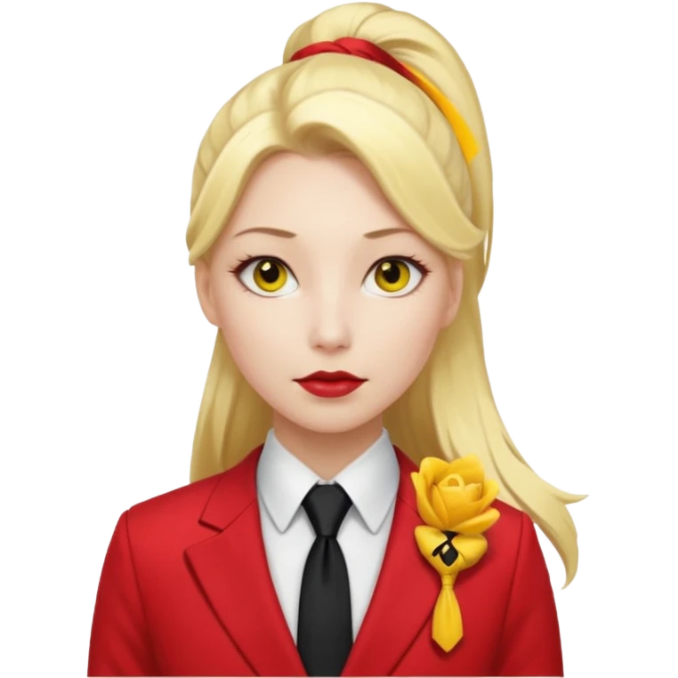 Woman with porcelain white skin, thick blonde hair that's in a thick, long ponytail, has a black nose, yellow scleras, red pupils, and a red suit with a black tie. emoji