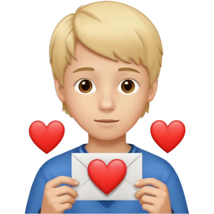 Un garçon blond aux yeux marrons de 13 ans qui tient avec ses mains un L avec des cœurs autour de son visage emoji