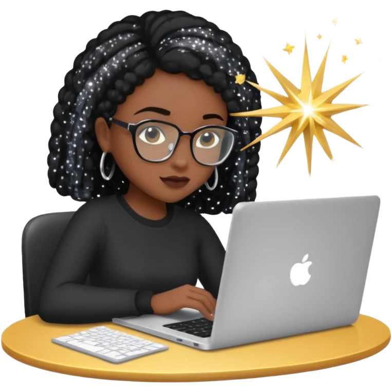 black pretty girl working hard with sparkles on laptop "Working hard ✨" spelled out in photo emoji