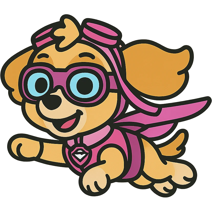 Sky from Puppy Patrol as an emoji, flying with goggles, colorful icon style emoji