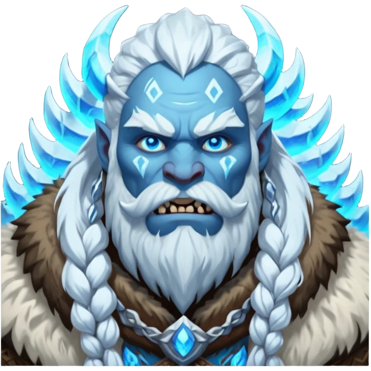 Legendary fantasy orc Christmas portrait icon, Frostfather and Snow Maiden inspired, primal winter god style, massive icy beard, glowing blue eyes, heavy fur coat, tribal frost runes, powerful brutal presence, blizzard atmosphere, clean stylized emoji icon, male/female variant
 emoji