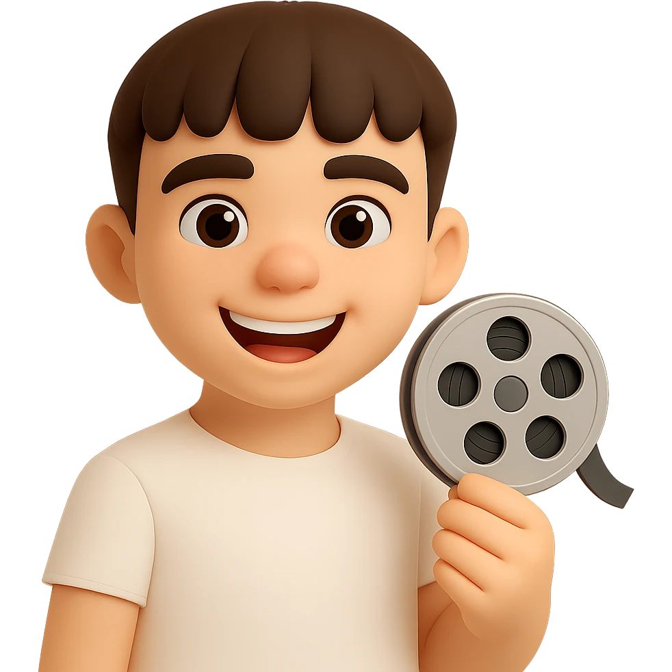 Make the character look happier and with a lighter skin tone, keeping the same 3D cartoon style. Keep the film reel and white shirt. Preserve the transparent background. emoji