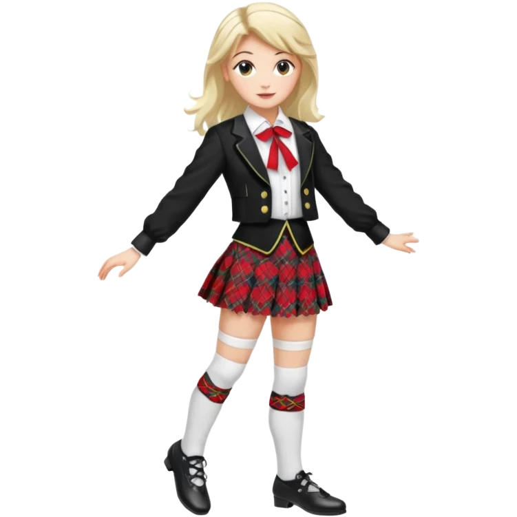 Highland dancing argyle just over the knee socks, blouse, highland dancing jacket, tartan miniskirt and highland dancing shoes emoji