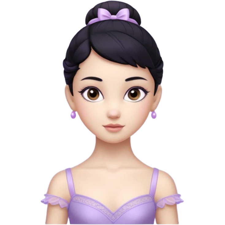 Cinematic Realistic ballerina Light Purple Portrait, depicted with lifelike skin texture, subtle rosy undertones, and soft natural lighting that enhances the gentle contours of her face. Her intricately detailed sweet black hair is elegantly styled, emoji