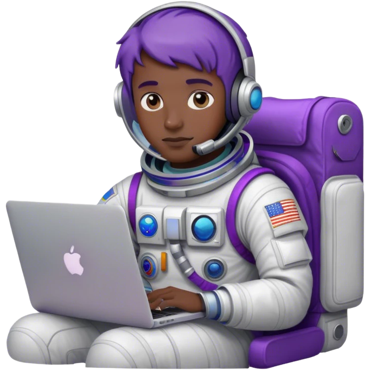 guy astronaut with purple suit, blue eyes, short purple hair and one macbook emoji