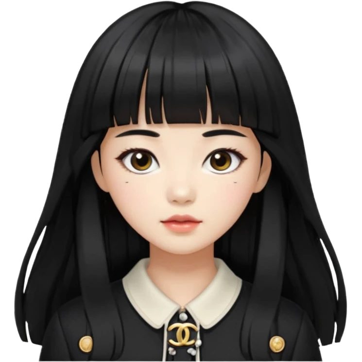 Chica con flequillo coreana pelo negro largo con ropa de Chanel emoji