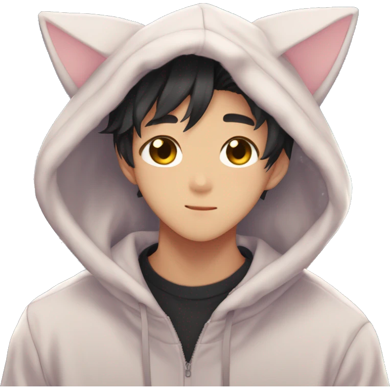 Gorgeous romantic anime style Asian shojo guy with cat ears and blushing face and hoodie aesthetic trending style outside emoji