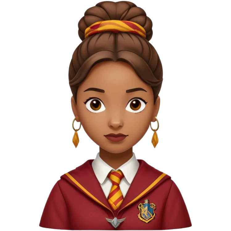 Angelina Johnson in harry potter, wear hogwarts gryfindor uniform,  thick, brown knot bun hair , reflecting her bold, stylish, and strong personality emoji