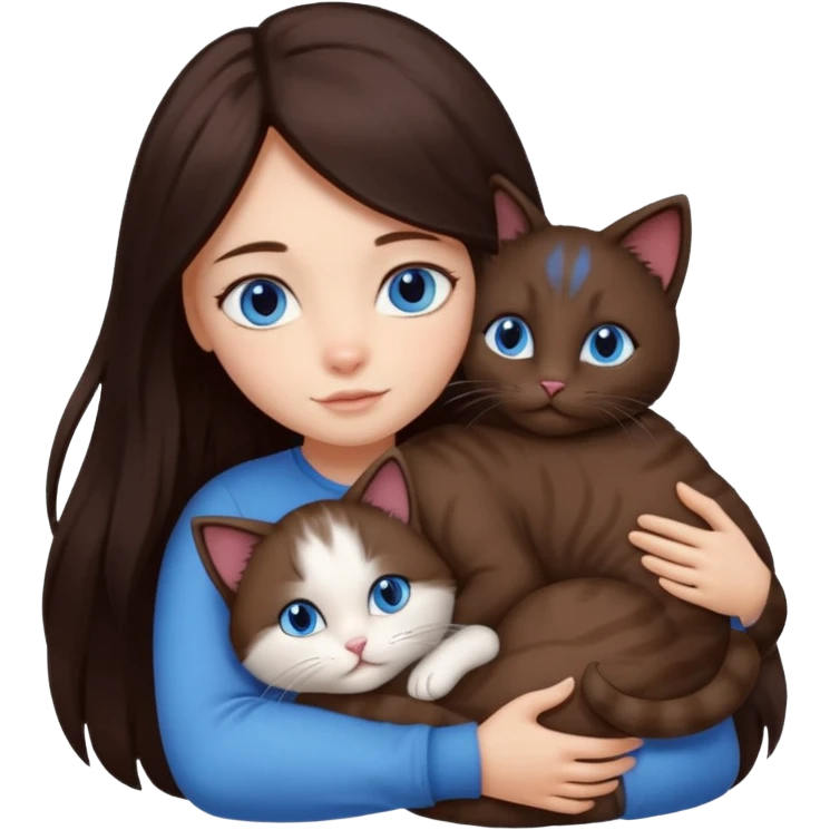 a girl with long dark 
brown hair, with blue eyes, hugs 3 different natural coloured cats emoji