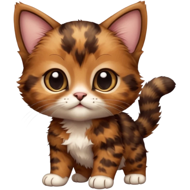 A high-resolution photo-realistic digital illustration of a brown tortoiseshell kitten, chest upward emoji