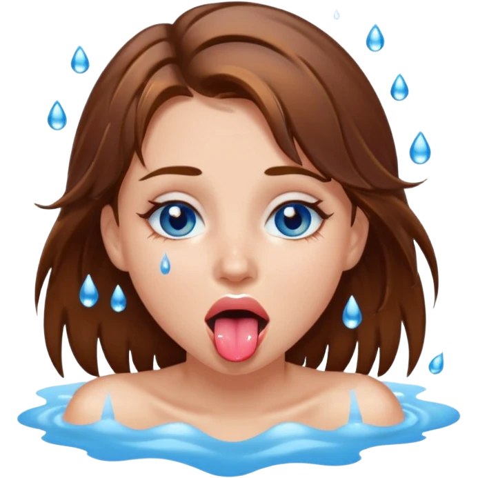 Girl with brown hair, blue eyes, a wet face and her tongue out. Can you make her face more wet? Can you add clear water droplets on her face and tongue? No water below her. Just on her face, hair and tongue. emoji