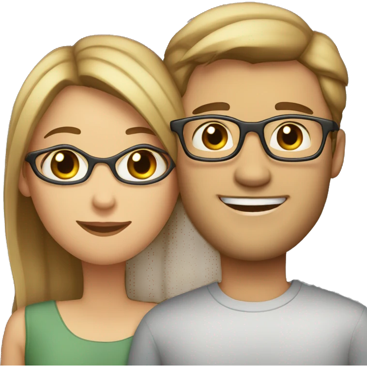 A fair-skinned woman with brown hair and blonde highlights and a fair-skinned man with brown hair and glasses hugging each other emoji