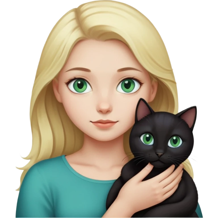 blonde girl with blue-green eyes with a black cat in her arms emoji