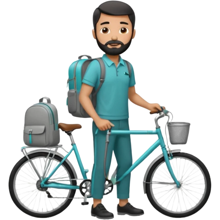 a man with a grey backpack and a torquoise byciycl and he has black shot=rt man hair and a beard with a polo grey shirt and dress pants emoji