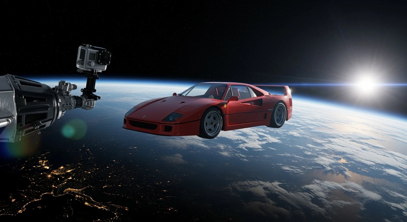 Cinematic still of a ferrari f40 floating in space, shot by space camera connect to spaceship, sun flare, big earth in background, captured by gopro emoji