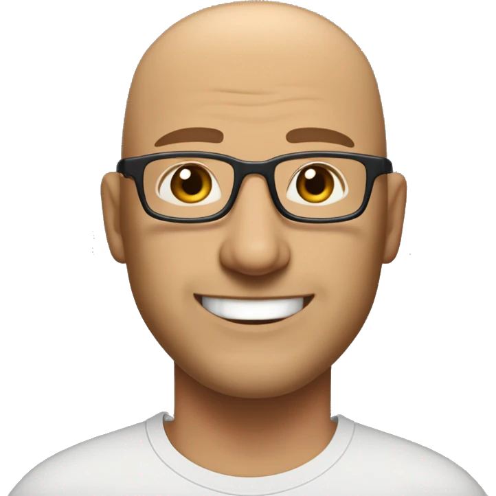 Bald middle age man with rectangle glasses, a wide nose, very light stubble, and smiling. Have him wear a dark t shirt, blue jeans, and tan work boots. don't make him fat but give him a wider, manlier frame emoji