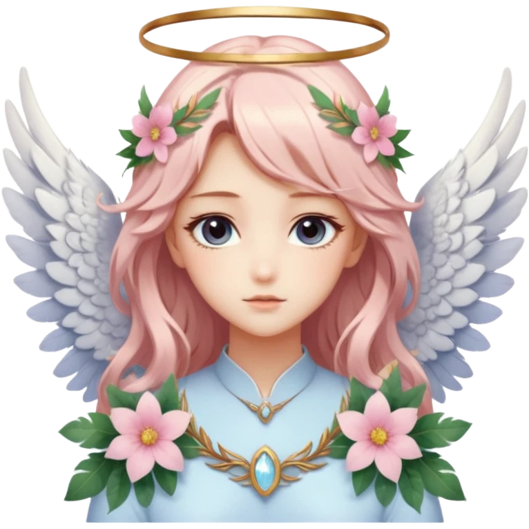 Romantic Dreamy pretty pastel anime flowers feathers wings angelic laurel lady with pretty hair and gorgeous eyes aesthetic emoji