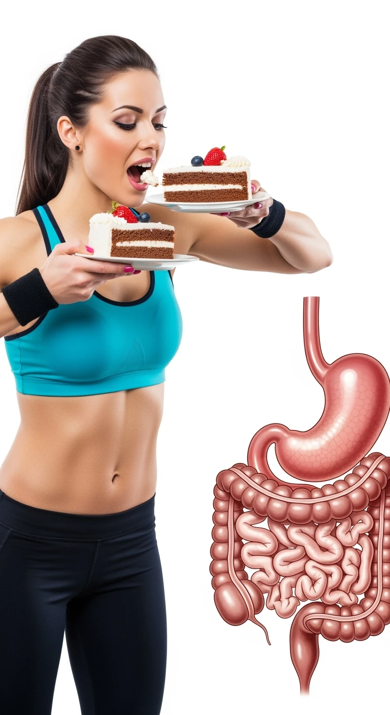 donna fitness con pancetta che mangia due fette di torta affamata, intestino umano anatomico, isolata su sfondo bianco emoji