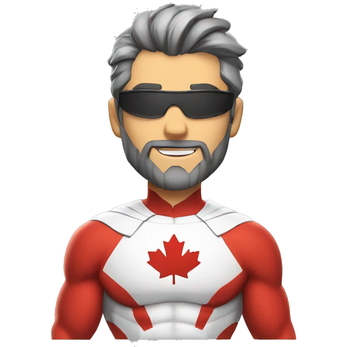 a male canadian superhero, light beard, wearing red and white clothes ¨has a mapple leaf on chest and dark grey hair in a ponytail emoji