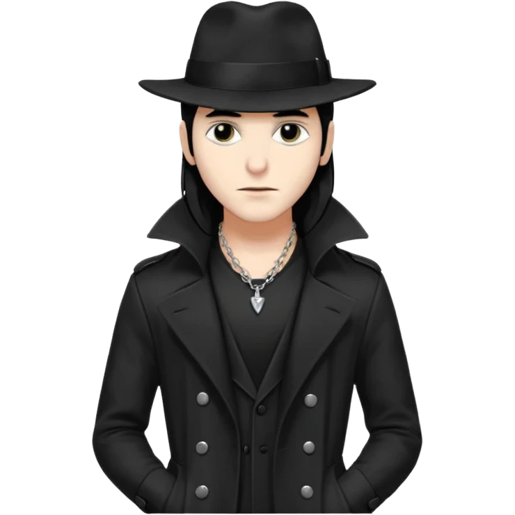 Male Goth with Fedora
 Sleek long hair, white skin, black trench coat, silver necklace visible under coat emoji