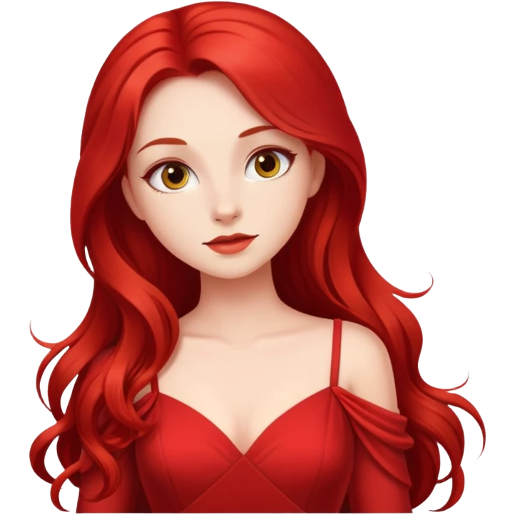 Fair-skin elegant girl in red long dress with long red hair emoji