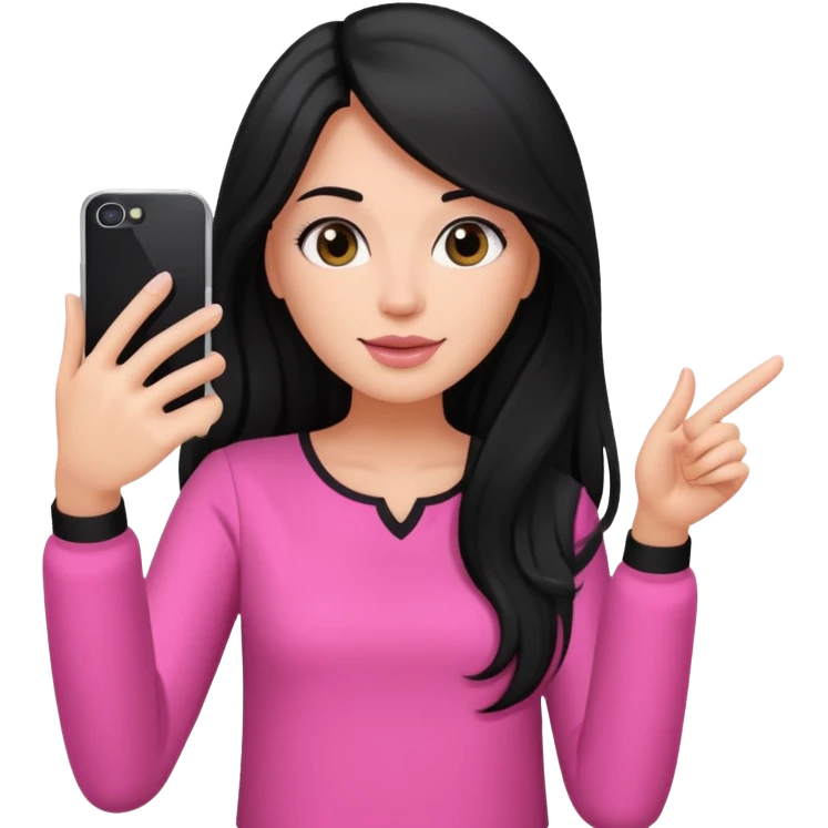 black long haired woman with pink blouse holding her phone having selfie emoji