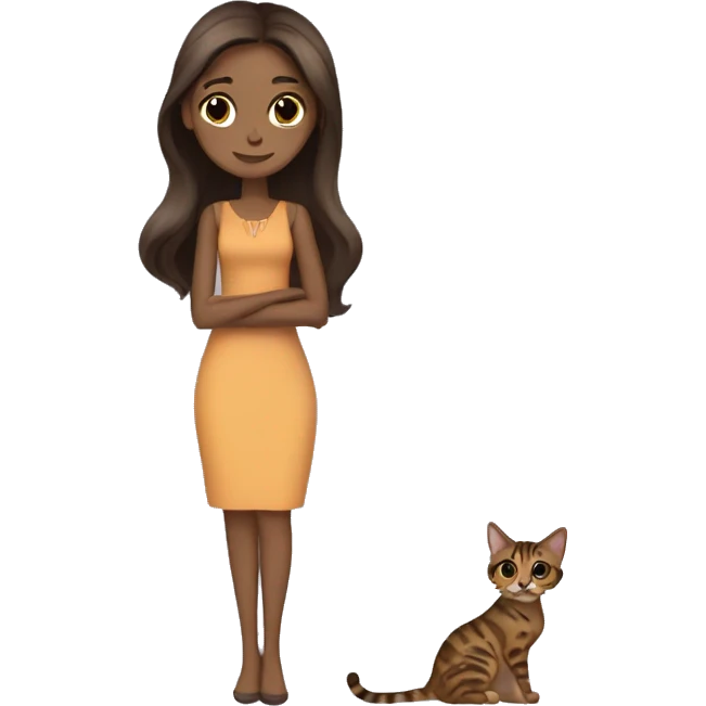 Beautiful skinny woman long dark brown hair in dress hug bengal cat emoji