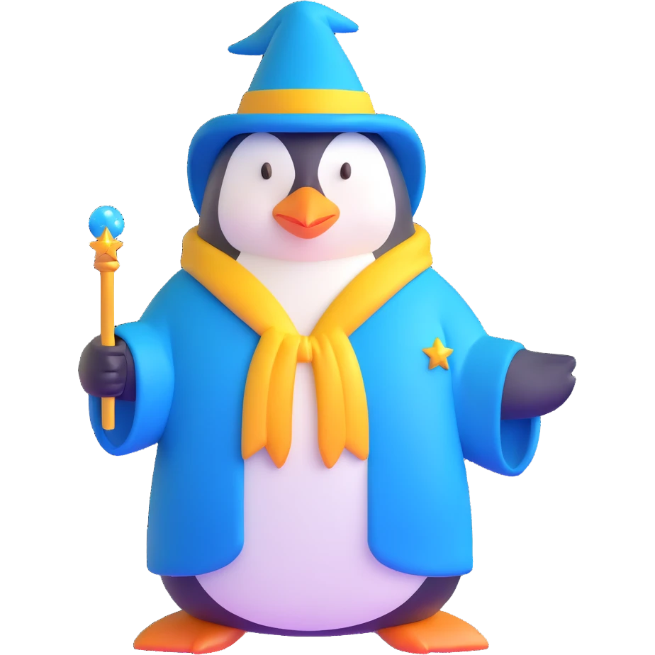 penguin wizard with a blue robe and sparkly wand emoji