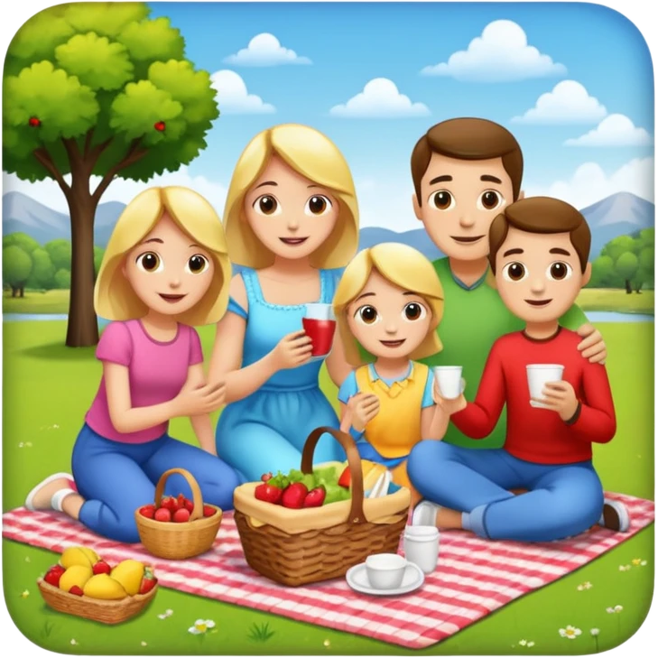 A family having a picnic, bright colors, cheerful, detailed emoji