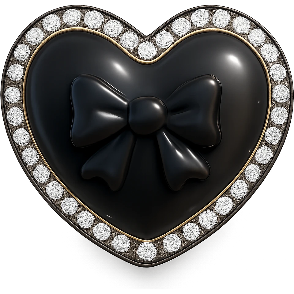 Change the heart to black with a bow in the middle, pastel enamel finish, sparkling gems, soft glowing effect, in the style of 3D emoji. Remove the background. emoji