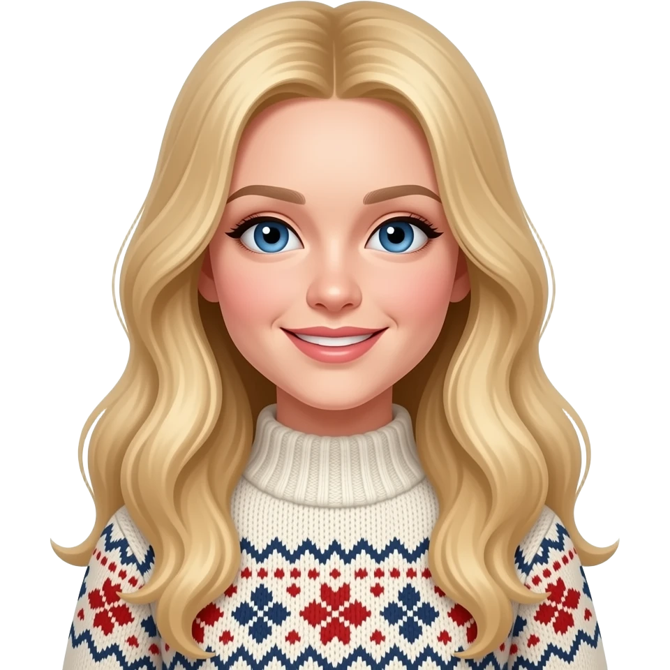 jeune femme blonde, yeux bleus, sourire, rêveuse, cheveux longs très lisses, belle, look norvégien emoji