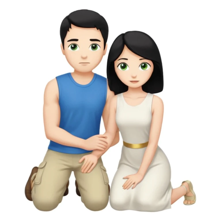 Man as prince, upright, black Hair, blue eyes, woman, blonde, green eyes, shott white sleveless Dress, kneeling, background palace emoji