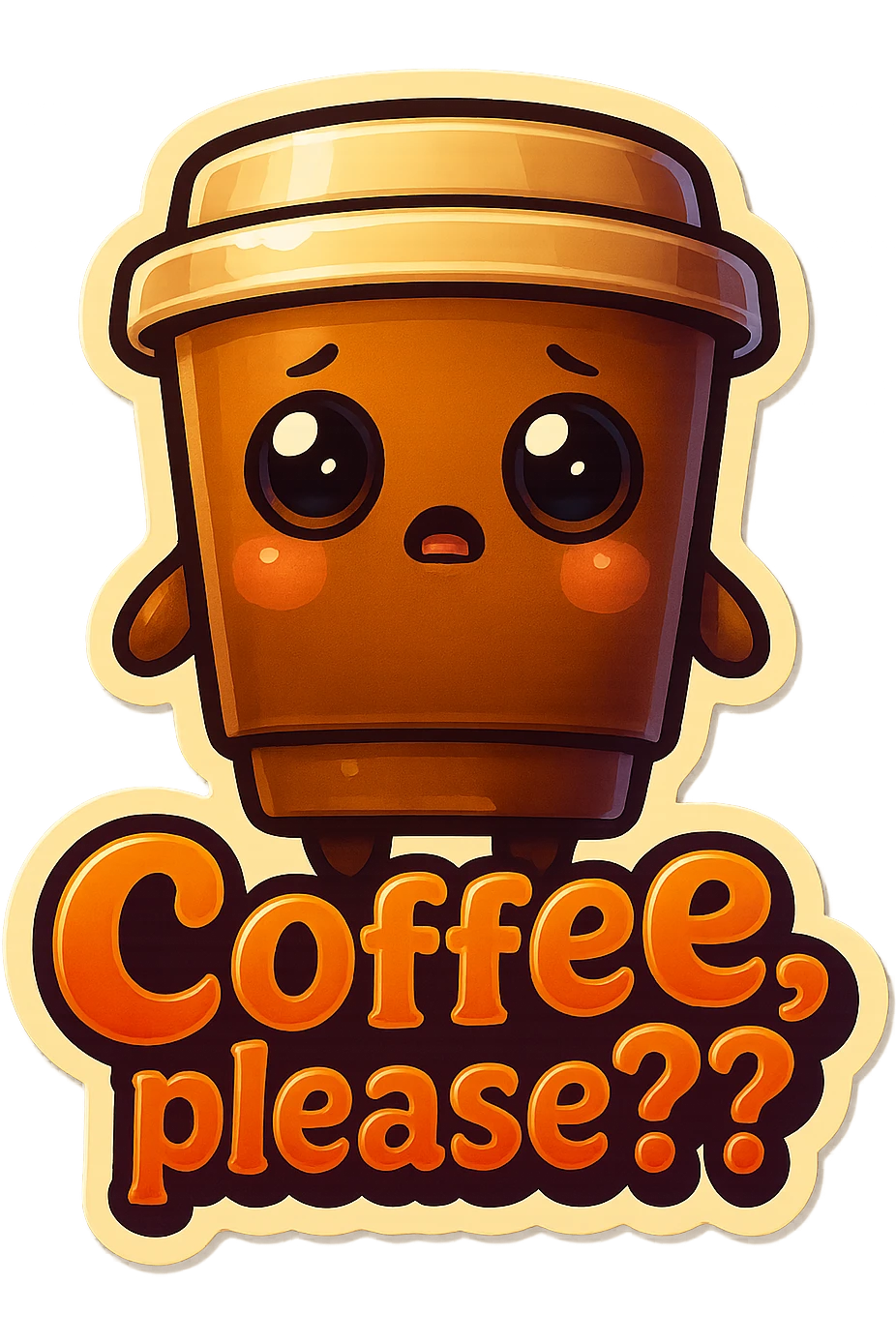 Tall coffee cup, big begging eye, big "coffee, please?? emoji