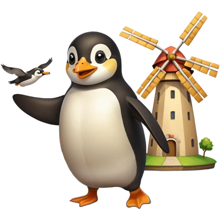 happy penguin flying with a hamburger, Dutch countryside with canals and windmills below emoji