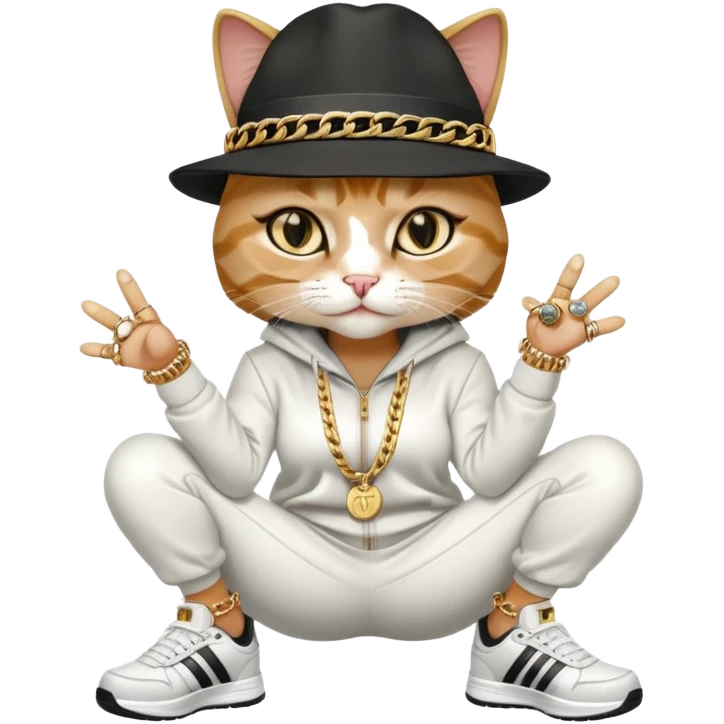 female cat wearing Run DMC hip-hop outfit with tracksuit, fedora, Adidas sneakers, many gold chains, rings, bracelets, flashy earrings, eyes averted, talking to a friend, no sunglasses emoji