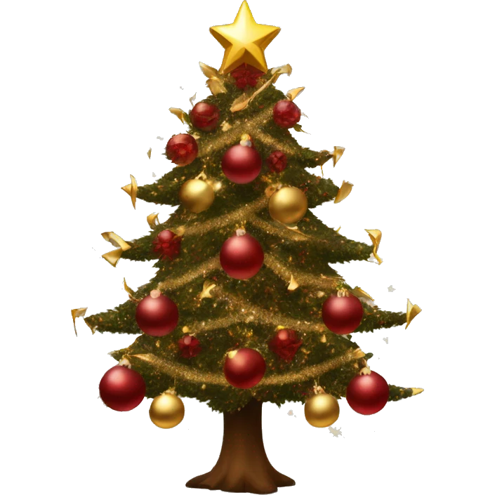 Super twinkly full christmas tree with dark red and gold decorations and gold tinsel emoji