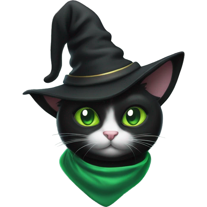Black cat with green eyes and a wizard hat emoji