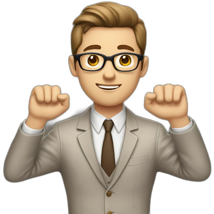 To belt Actively gesturing with hands Pale skinned fit man with dark brown hair in gray jacket, beige office shirt, brown tie, brown pants and vintage glasses. emoji