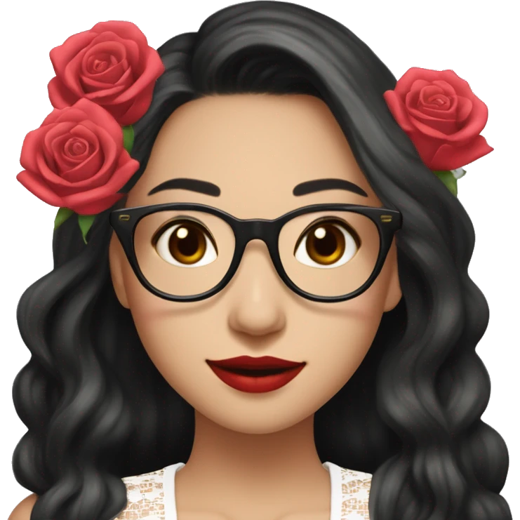 Asian girl, smiling with teeth, fair skin, black long hair, black eyes, black glasses with gold frames, red lipstick, wearing a white lace tank top and a black office jacket on top, with pink and red roses around her emoji
