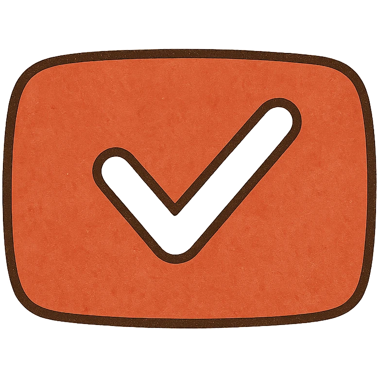 YouTube verified checkmark, minimalistic, red play button with a white checkmark, no text emoji