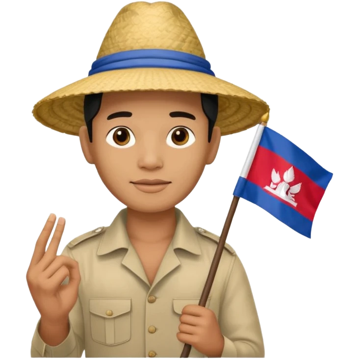 Cambodian man Tourist Guide with small cambodian flag in hand and traditional cambodian hat emoji