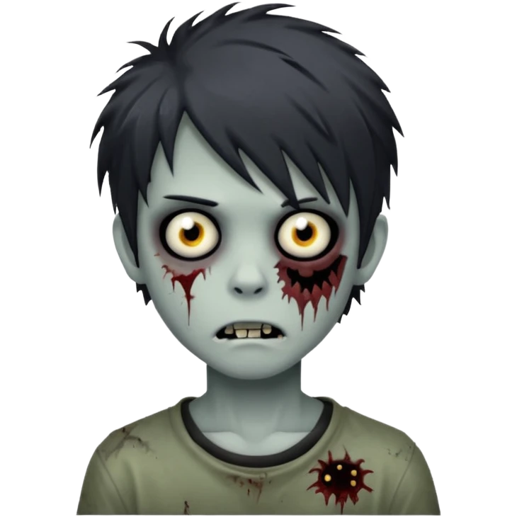 boy zombie with black, messy emo hair, pale skin, eerie and unsettling, creepy face emoji