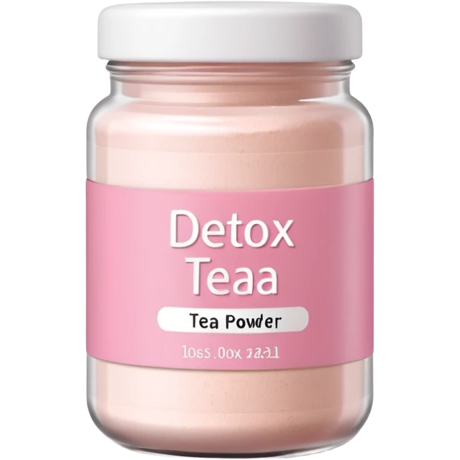 White jar of detox tea powder with pastel pink label, soft shadows emoji